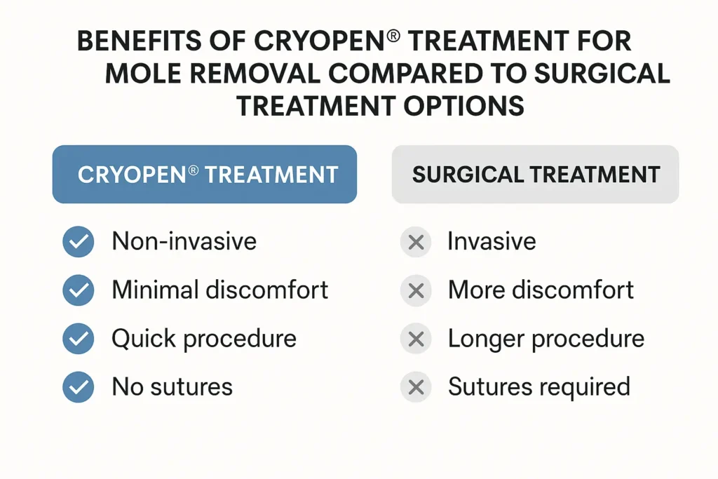Table to show the benefits of getting moles removed Hammersmith from LA LIPO
