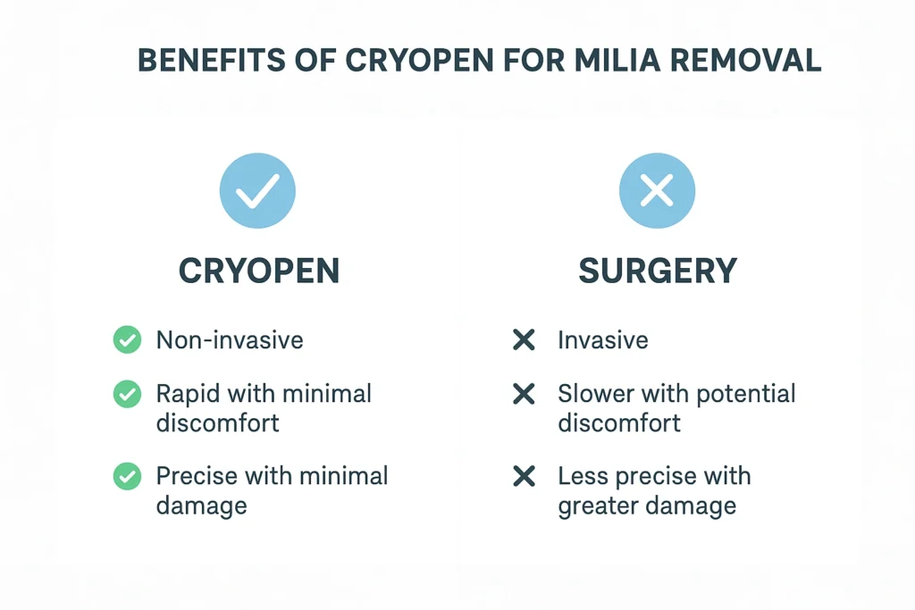 Benefits of cryopen for milia removal Hammersmith compared to surgical treatments.