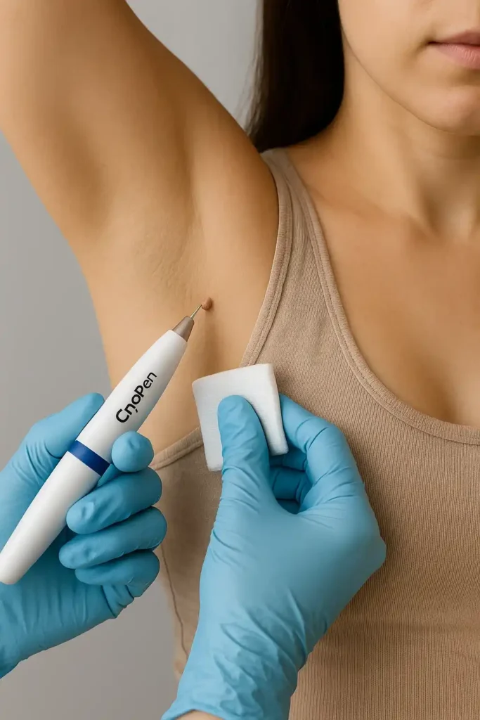 woman having cryopen to remove underarm skin tags Hammersmith